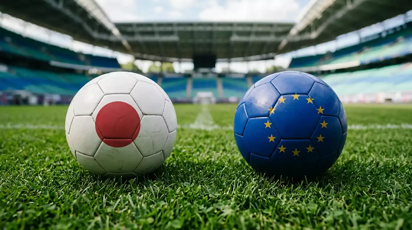 Dos balones de fútbol enfrentados con banderas de Japón y Europa sobre césped