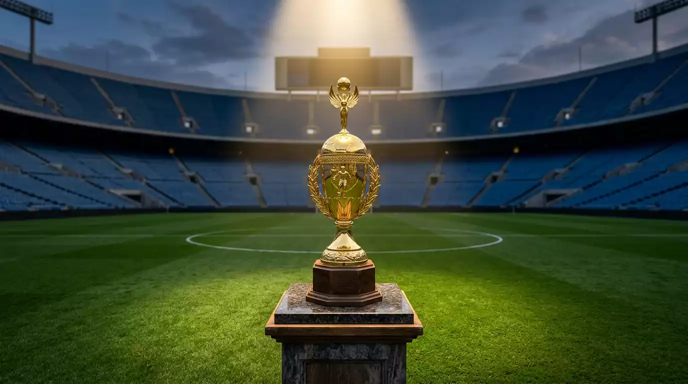 Trofeo de campeón de la J-League sobre un pedestal en el centro de un estadio de fútbol