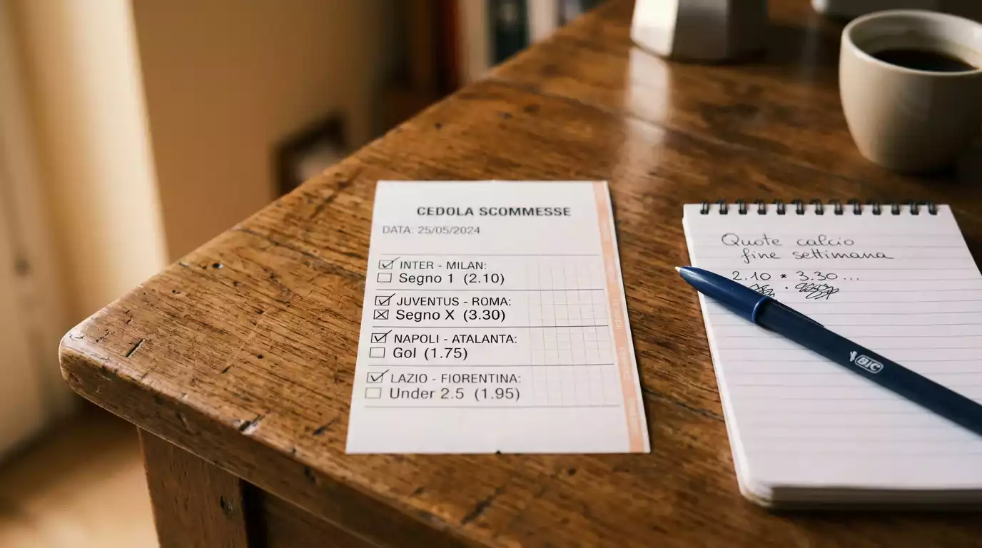 Boleto de apuestas combinadas con varios partidos de fútbol marcados sobre una mesa