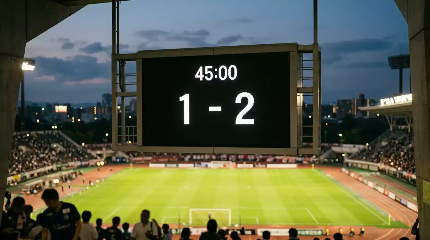 Marcador electrónico de un estadio de fútbol mostrando el resultado al descanso de un partido