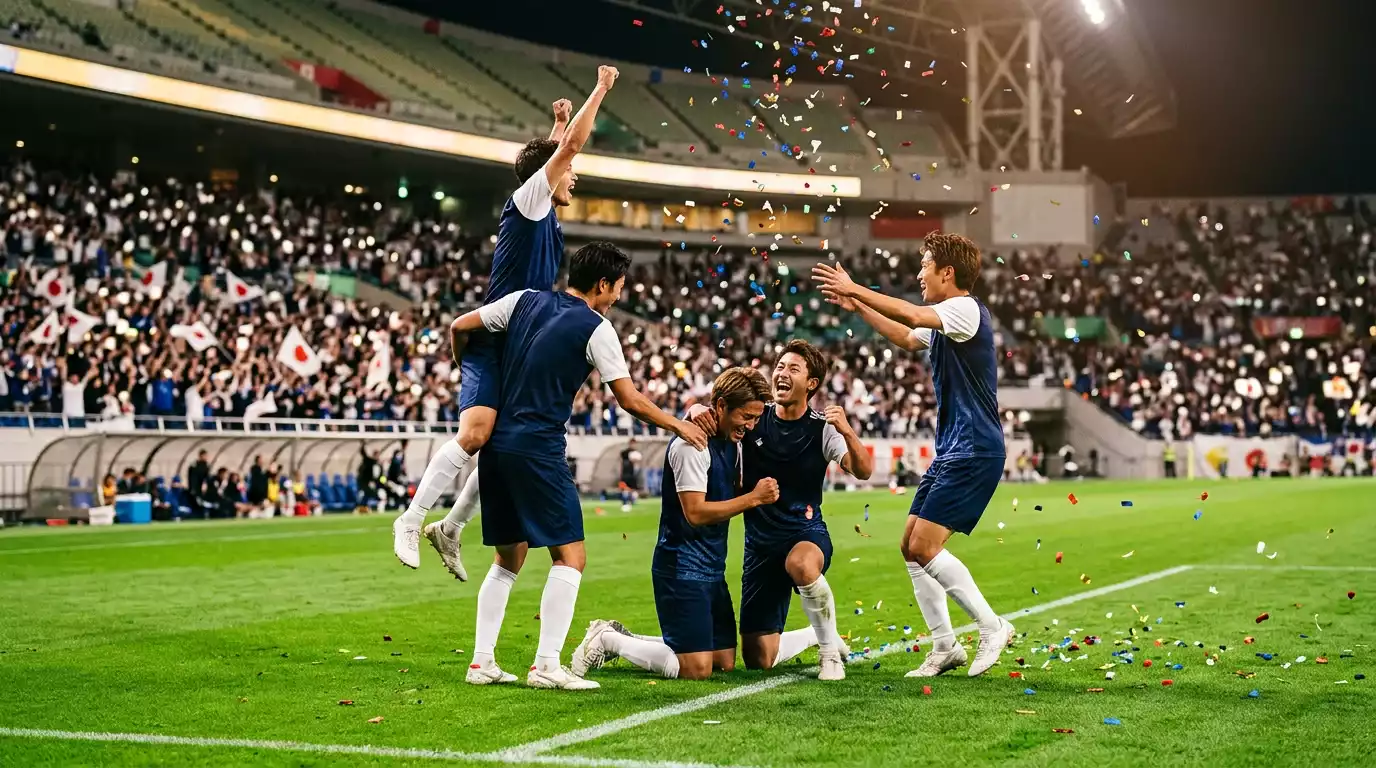 Jugadores de fútbol celebrando un ascenso en el campo con confeti cayendo en un estadio japonés