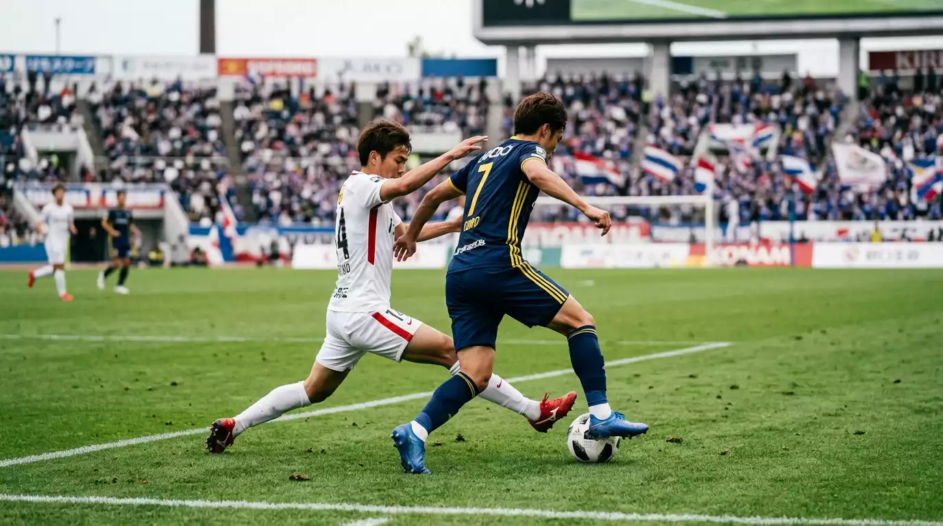 Dos jugadores de equipos rivales de la J-League disputando el balón en el centro del campo