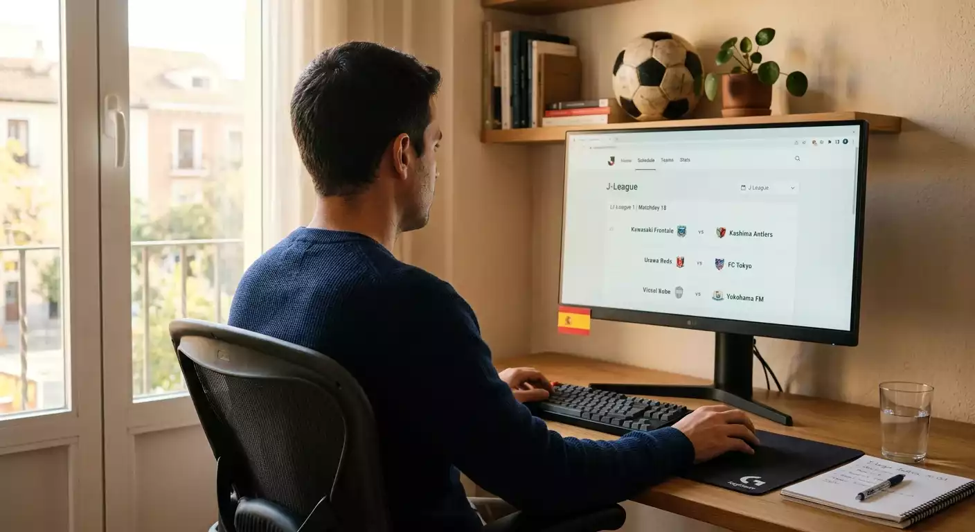 Apostador español comparando plataformas de apuestas con cobertura de la J-League en su ordenador