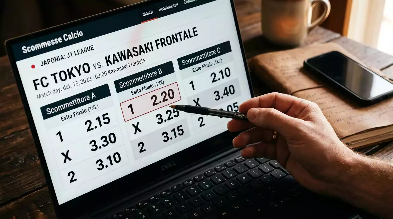 Pantalla con cuotas decimales de un partido de la J-League destacando diferencias entre operadores