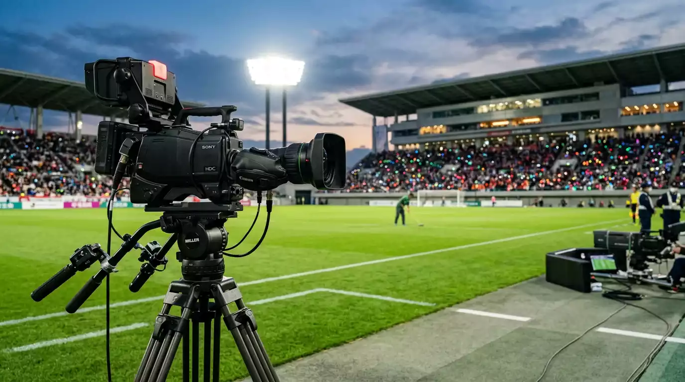 Cámara de retransmisión deportiva enfocando el campo de juego en un estadio de la J-League