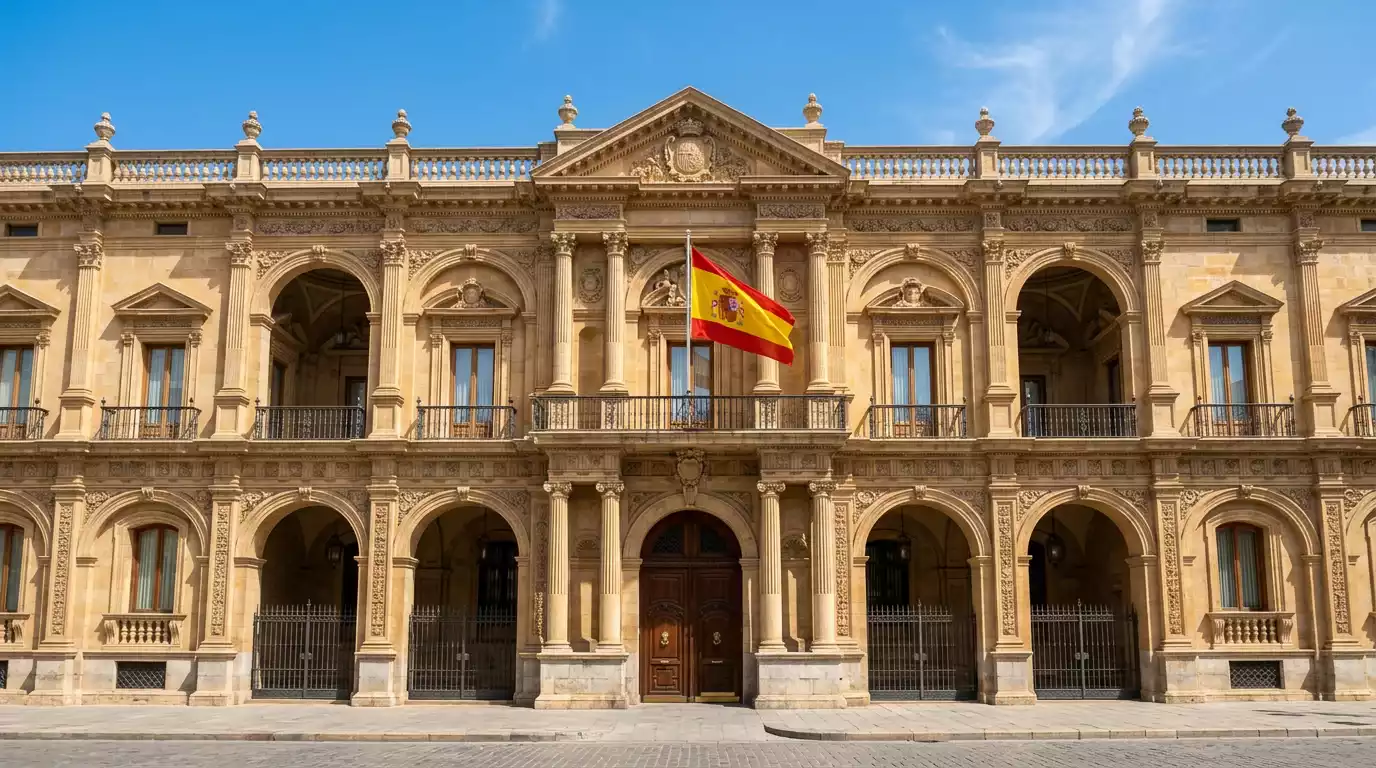 Fachada del Ministerio de Consumo de España con bandera española