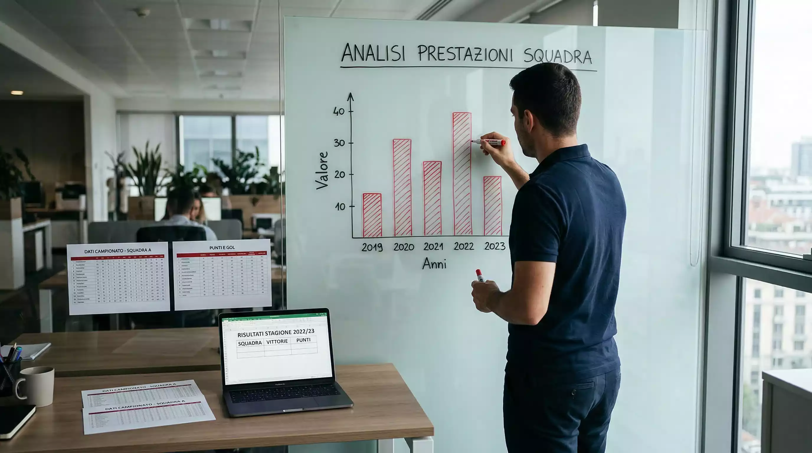 Analista deportivo revisando graficos de rendimiento de equipos de la J-League en una pizarra con datos estadisticos