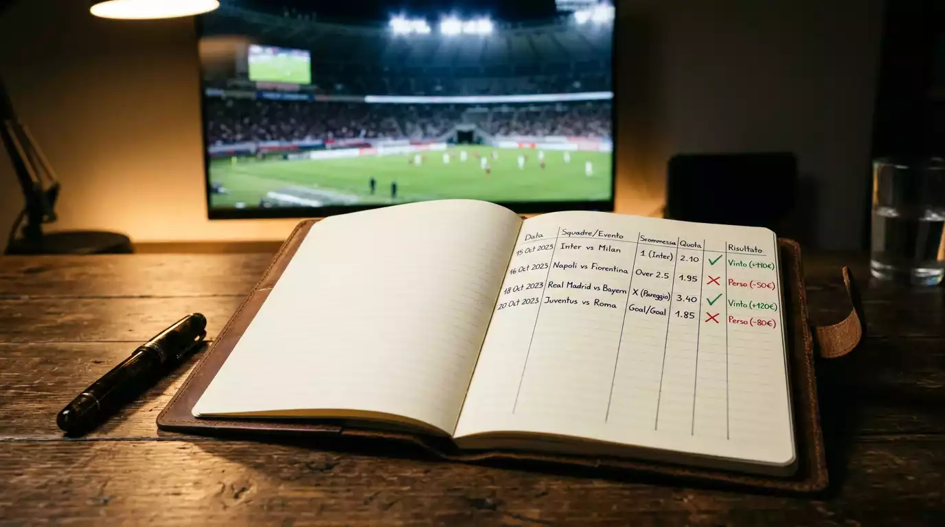 Mesa de trabajo de un apostador con libreta de registro de apuestas y análisis de la J-League