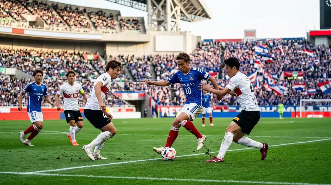 Jugadores de la J1 League disputando un partido en un estadio japones con la grada llena de aficionados