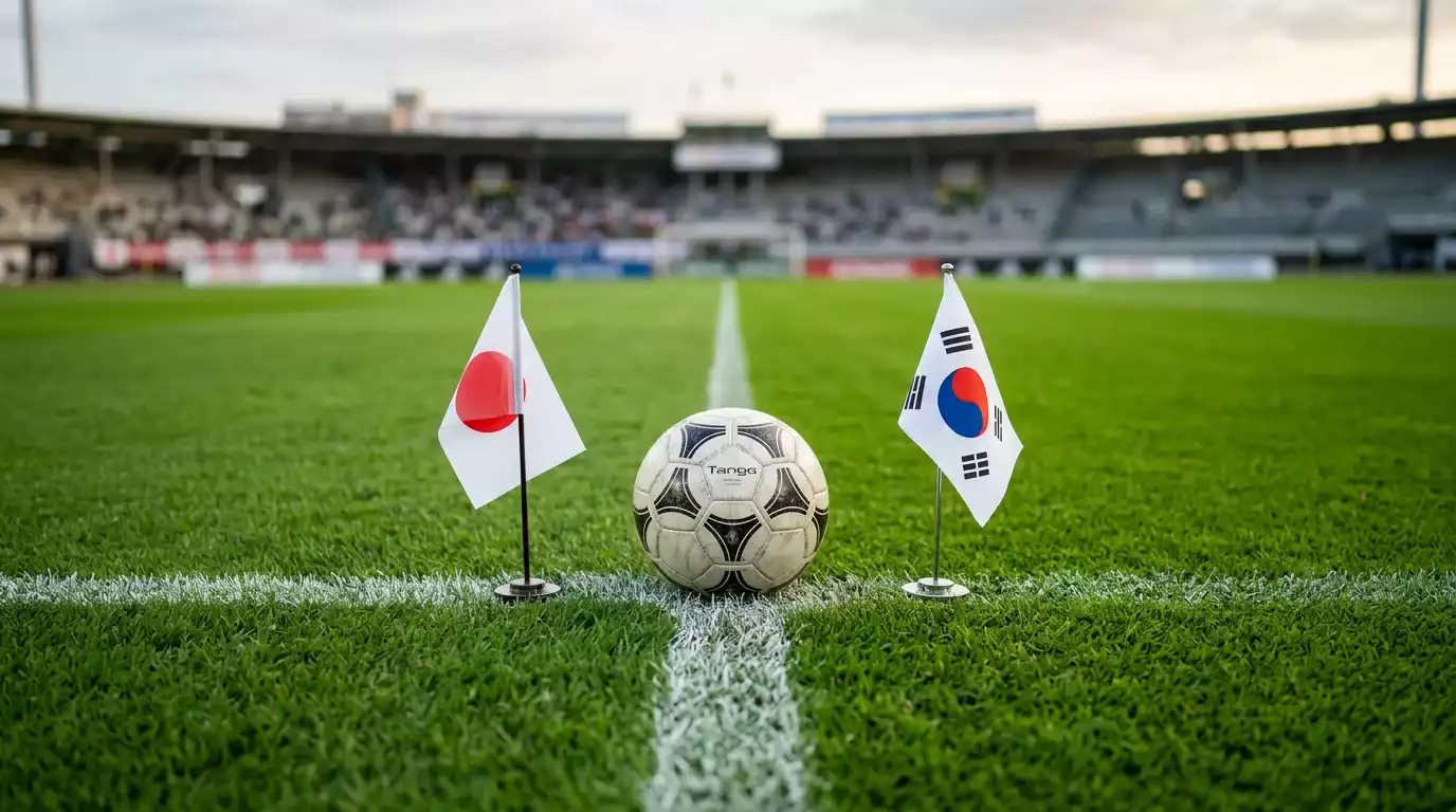 Balón de fútbol en el centro del campo con las banderas de Japón y Corea del Sur