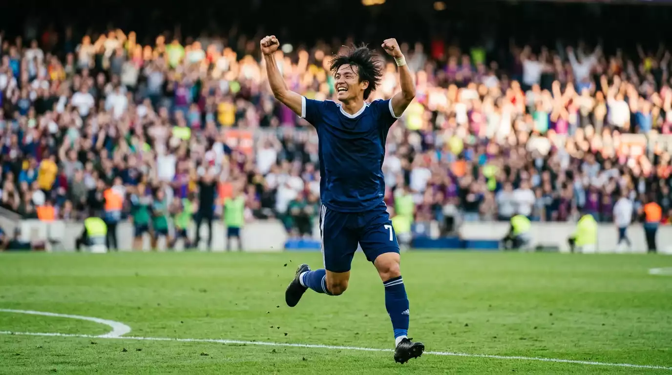Jugador de fútbol japonés celebrando un gol con la camiseta de un club europeo