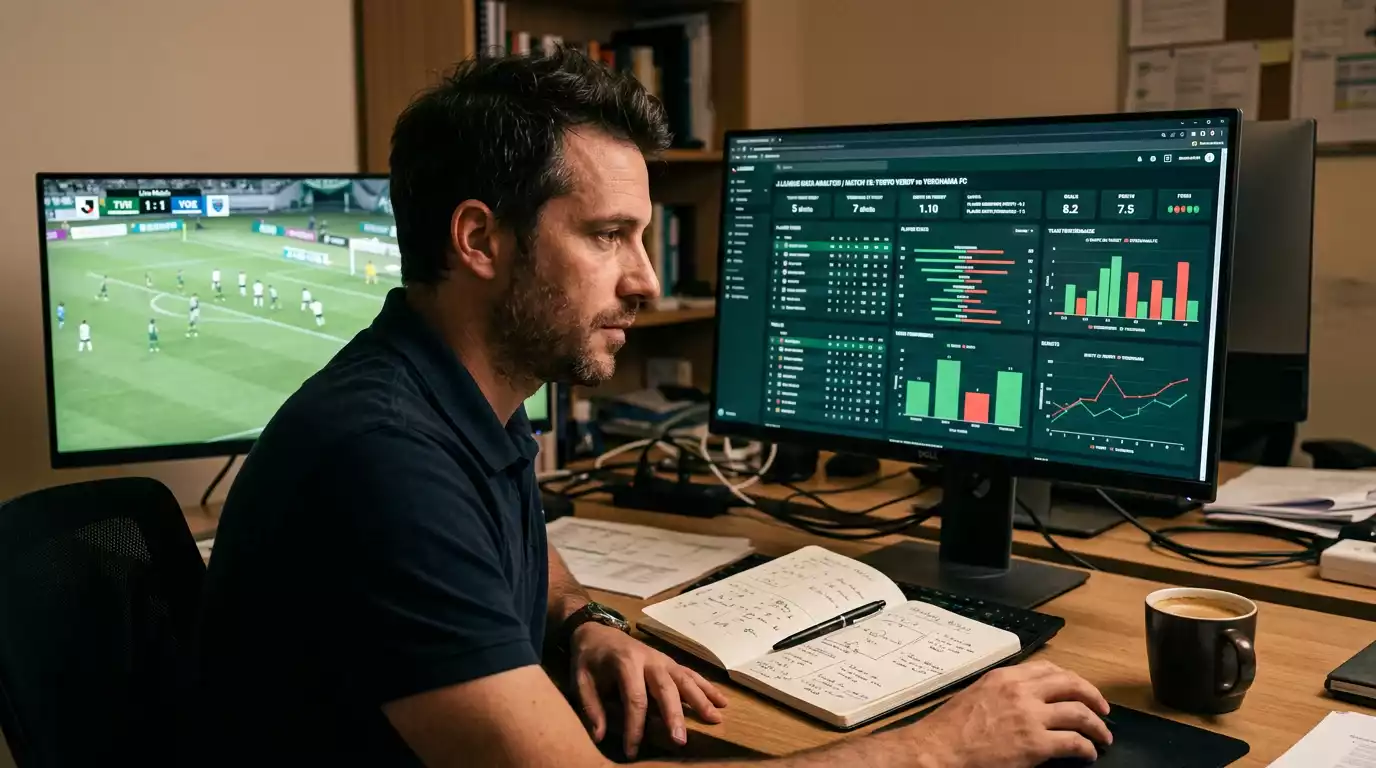 Analista revisando estadísticas de la J-League en pantalla antes de publicar pronósticos de la jornada