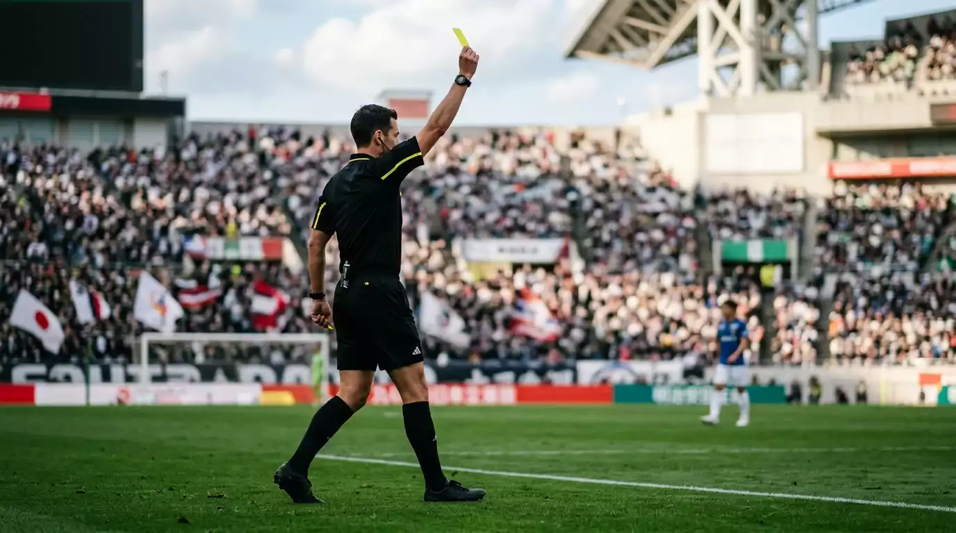 Árbitro de fútbol mostrando una tarjeta amarilla durante un partido en un estadio japonés