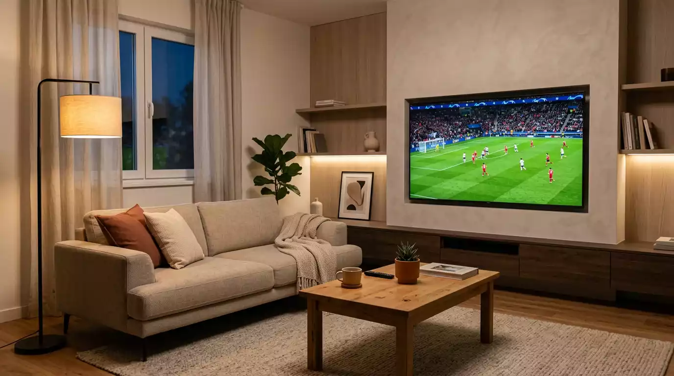 Pantalla de televisión mostrando un partido de fútbol de la J-League en un salón