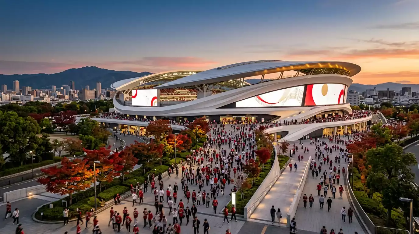 Vista panoramica de un estadio moderno japones con tecnologia de pantallas LED y grada llena durante un evento nocturno